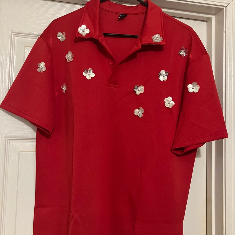 Vibrant Red Polo Shirt with Floral Embroidery